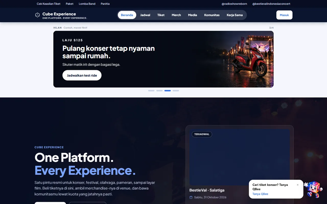 Tampilan website Cube Experience